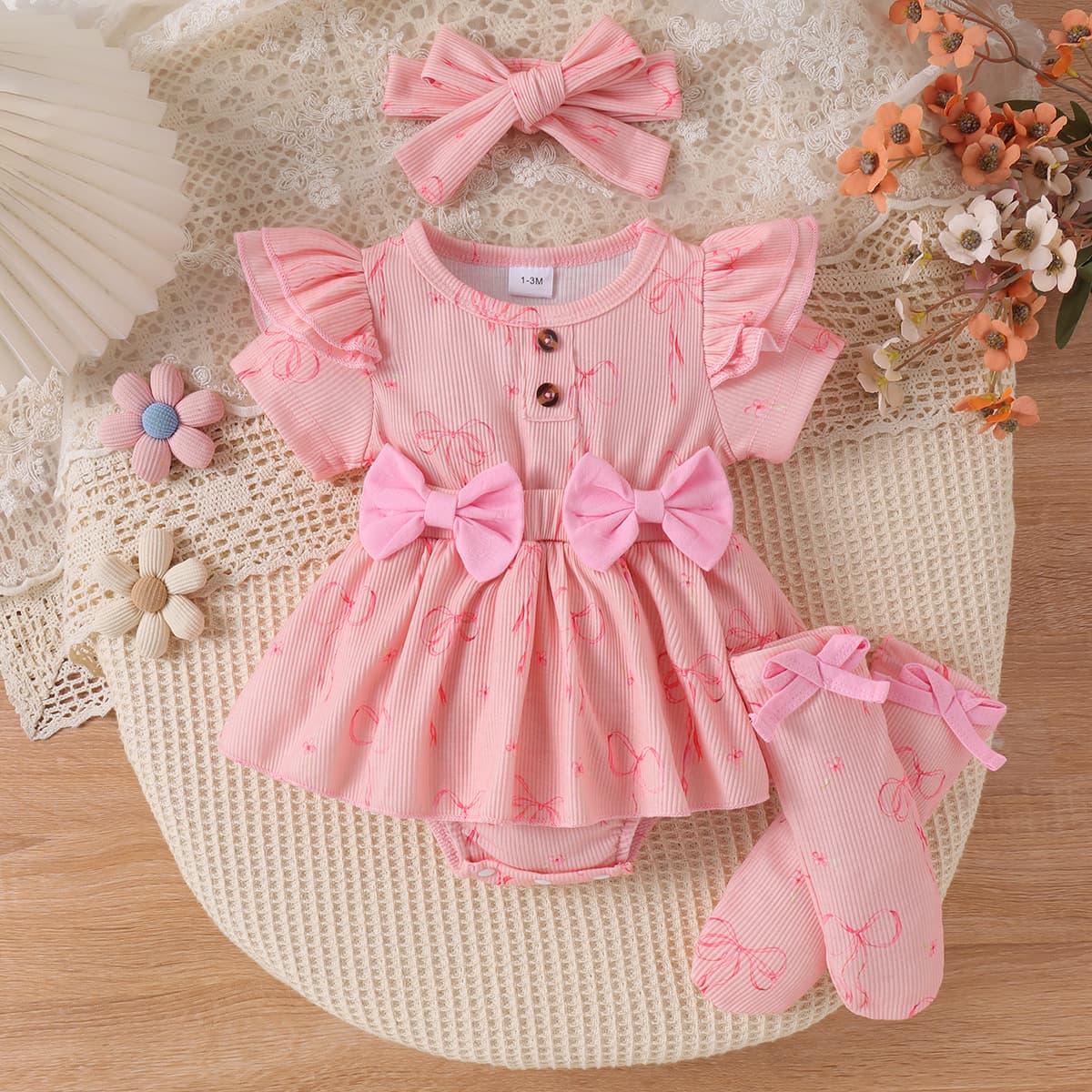 Baby Girls Clothes 0-2 Y Baby Girl Sweater Clothes + Hair Accessories + Socks 3-Piece Set of Baby Summer Wear
