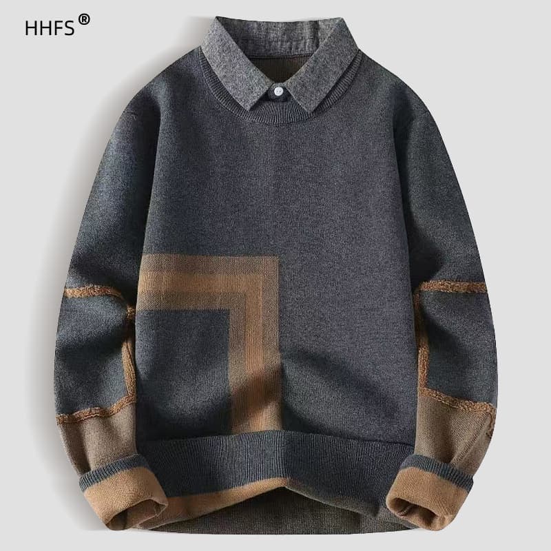 High-end faux two-piece shirt collar sweater for men, autumn and winter trendy youth men's clothing, warm inner layer knitwear