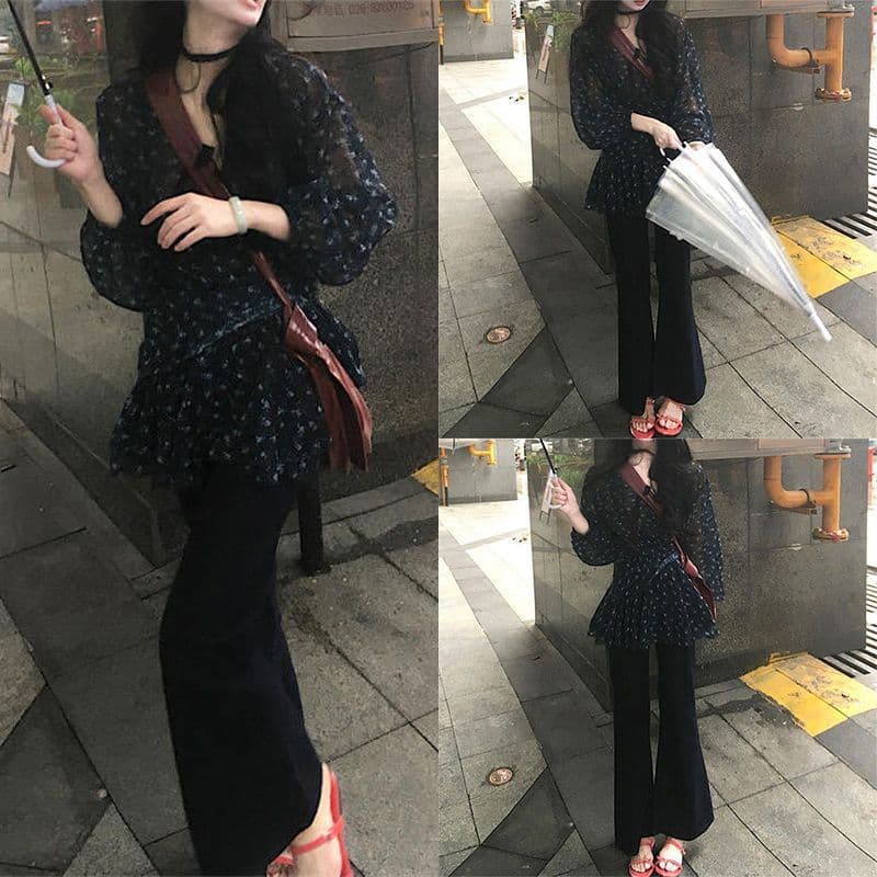 Two-piece/single piece French sweet youthful versatile floral long-sleeve shirt + elegant straight-leg casual pants suit for women.
