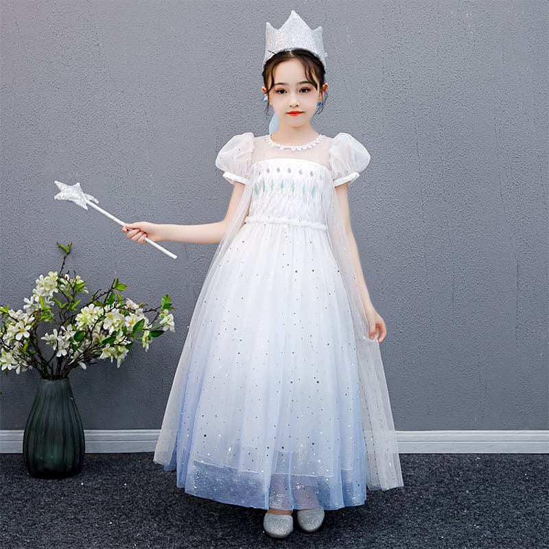2025 New Summer Frozen Elsa Princess Dress Girls Short Sleeve White Tulle Dress Halloween Costume