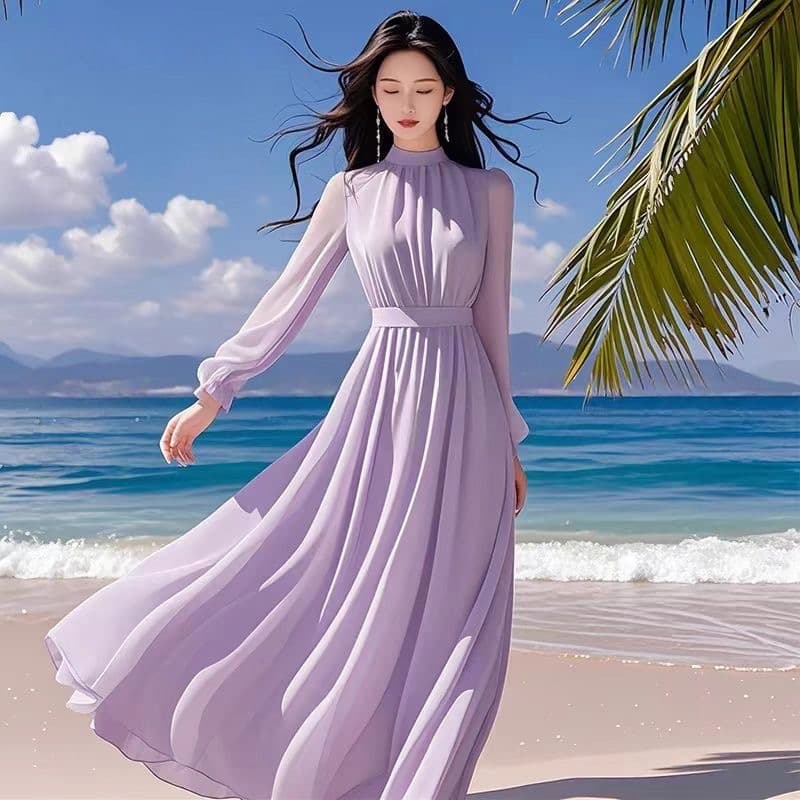 French gentle style seaside vacation waist slimming solid color long skirt high-end 2026 spring and summer large swing dress