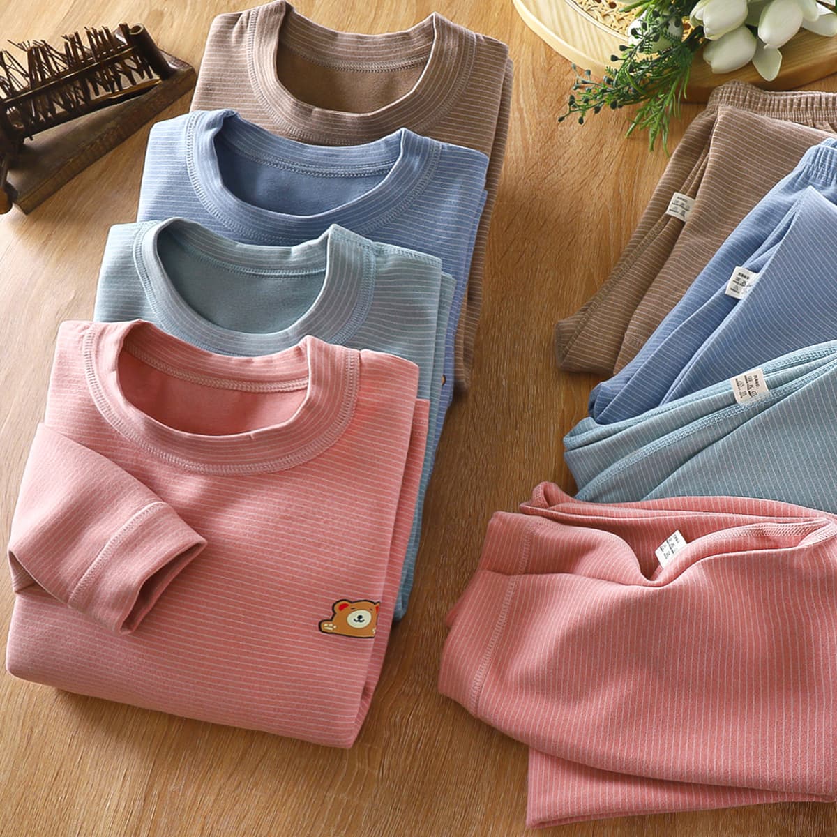 Children's Seamless German Fleece Mid to High Neck New Style Autumn Shirt and Pants Set, Boys and Girls Striped Thickened Thermal Underwear Set
