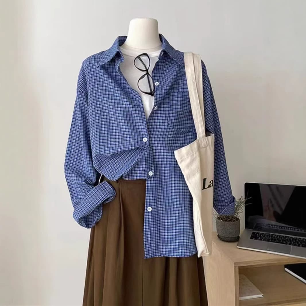 American retro blue plaid shirt for women in spring, autumn and summer Korean style lazy loose slimming sun protection shirt top jacket