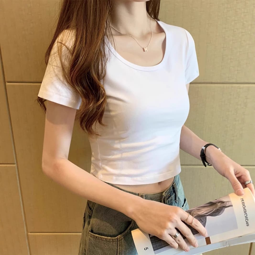 Short Cropped T-Shirt for Women Short Sleeve 2025 New Design Sense Niche Low Neck Tight Fitting Pure Cotton Top Summer Ins Trend