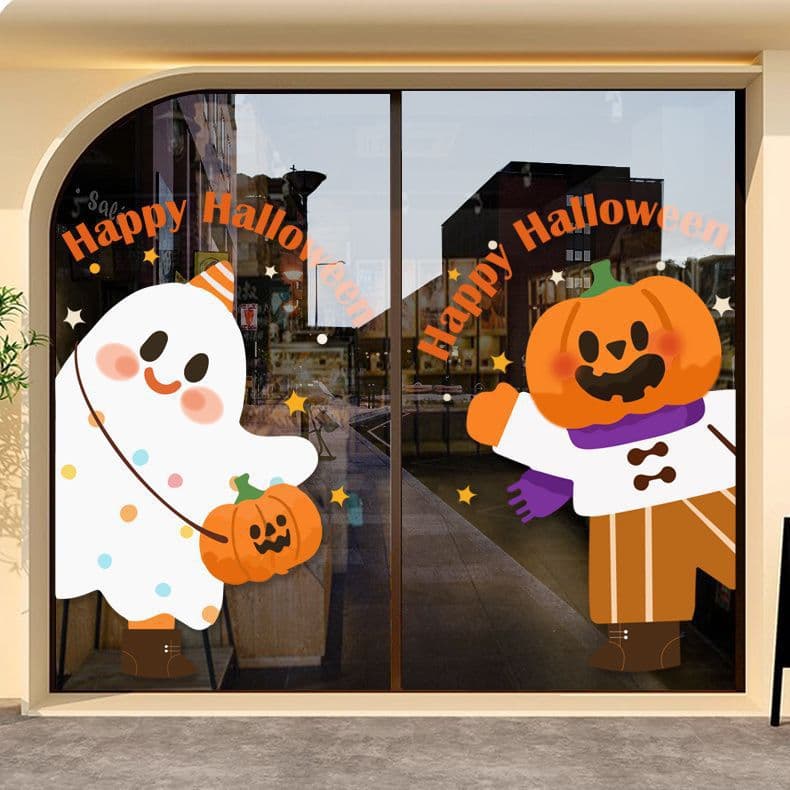 Halloween Themed Decoration Pumpkin Cartoon Glass Door Sticker Store Atmosphere Window Decal Night Ghost