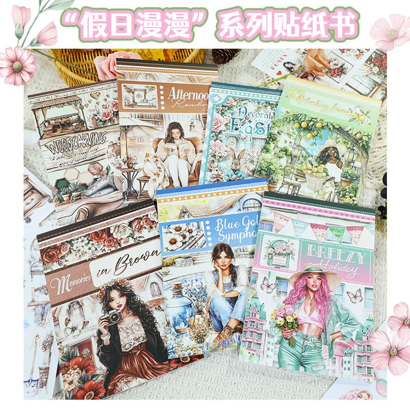 Healing Ins Style Retro Handbook Salt Girl Walking Holiday Landscape European Die-cut PET Material Sticker Book