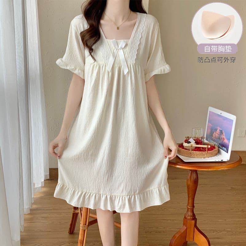 Summer thin cloud cotton short-sleeved nightgown for girls with bra pads, can be worn as outerwear, super fairy-like loose sweet pajamas for women.