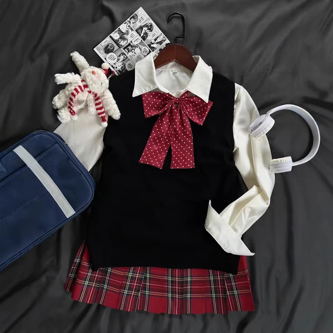 Japanese School Style JK Uniform Authentic Set Half Skirt Bow Basic Versatile V-Neck Shirt School Style