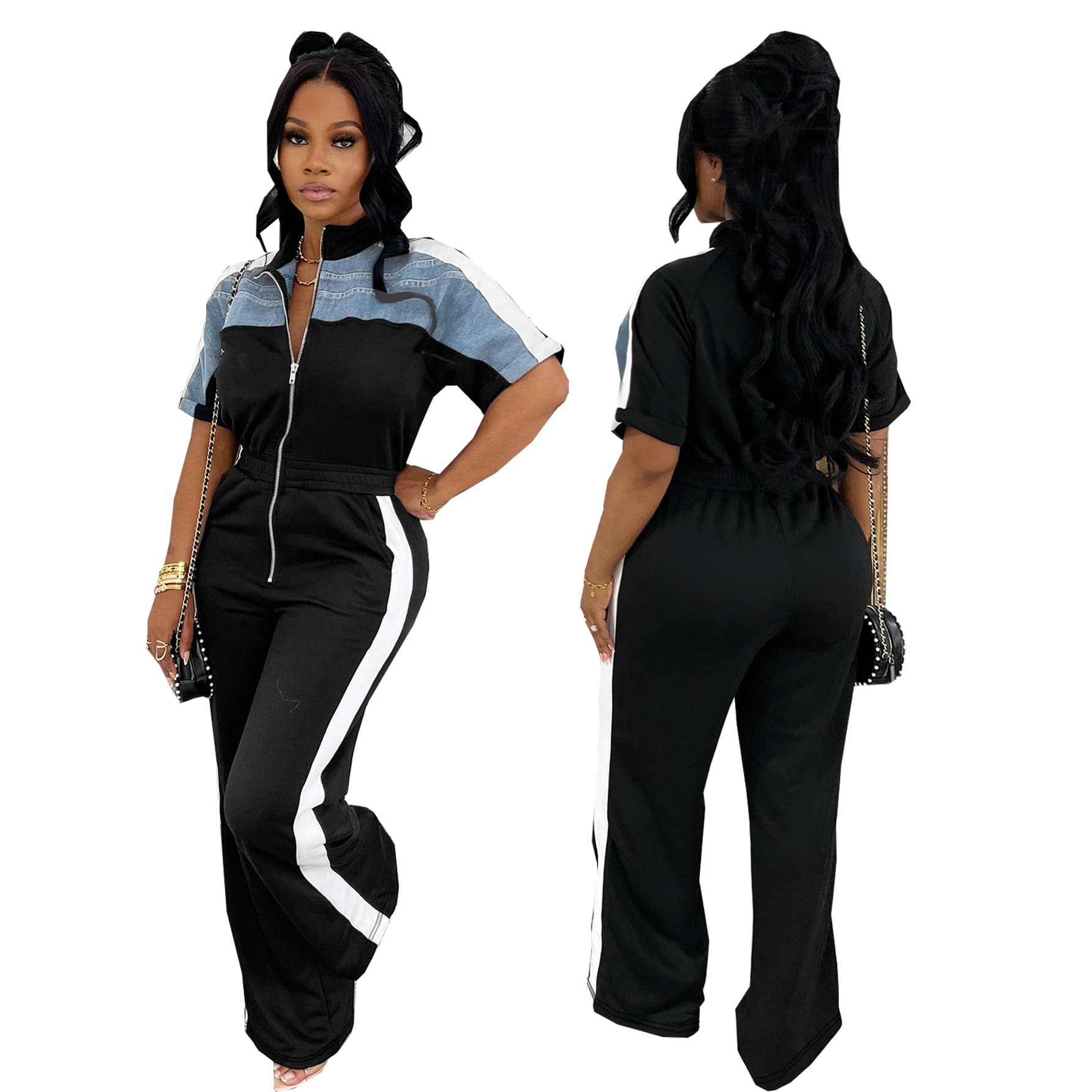TW635 New Summer Women's Contrast Color Stand Collar Zipper Jumpsuit Denim Patchwork High-End Office Slim Fit