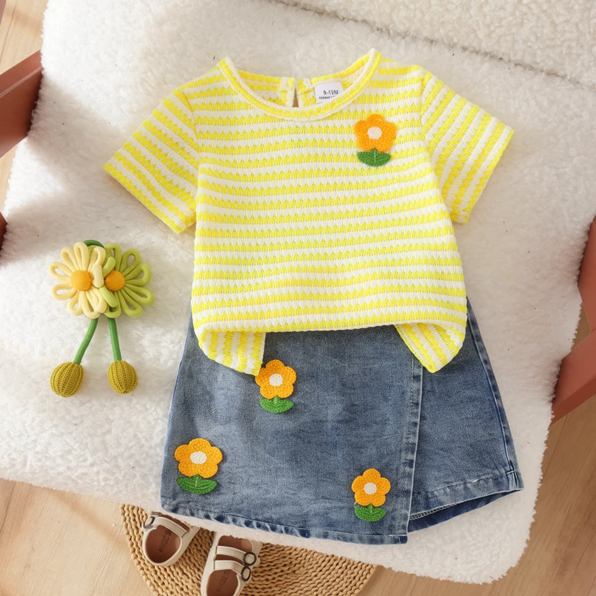 Baby clothing Kids set Children outfit Yellow short-sleeve T-shirt + blue shorts