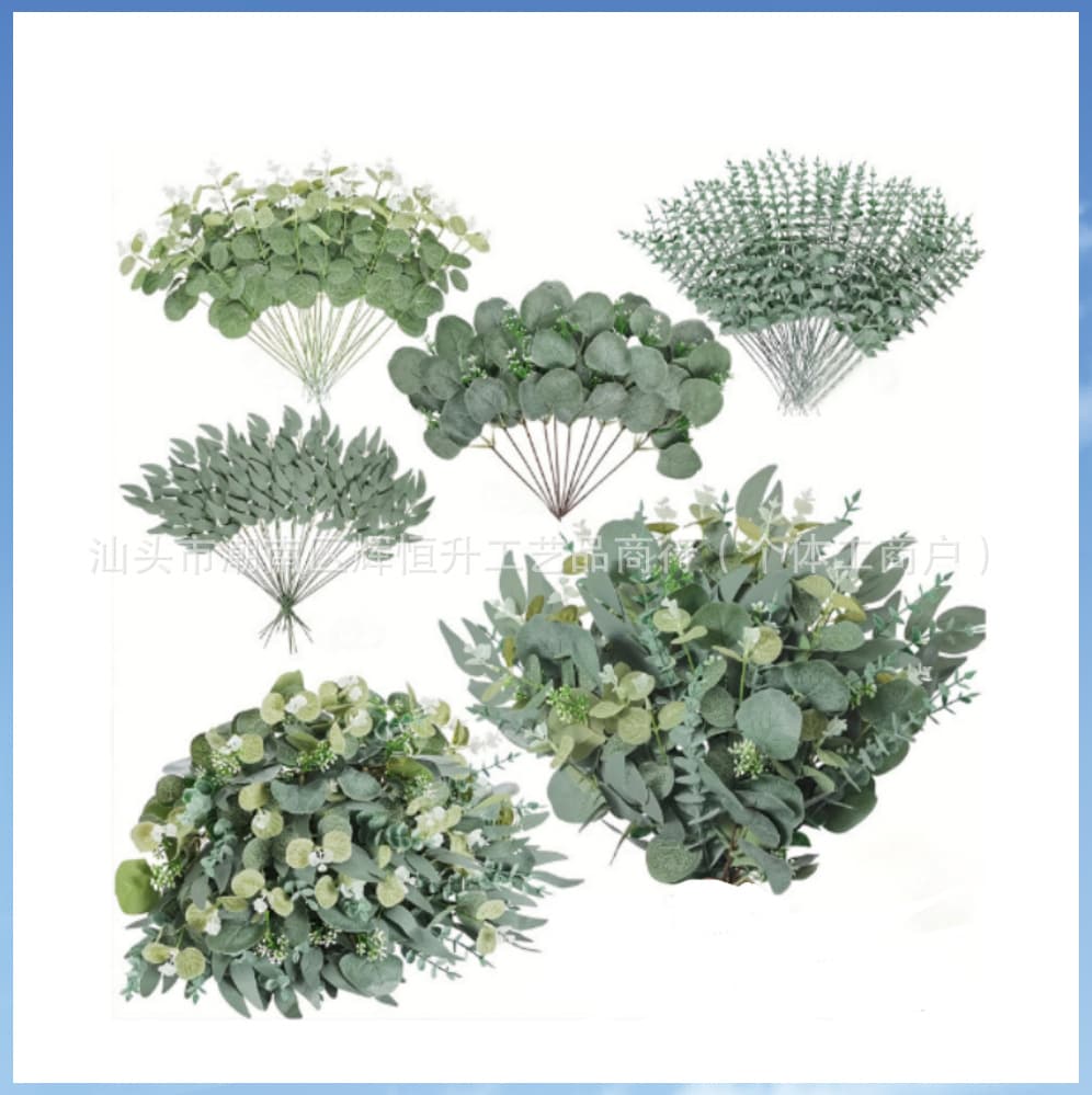 Cross-border Amazon simulated green plant plastic leaves artificial eucalyptus leaves eucalyptus stems short silver dollar branches decorative leaves