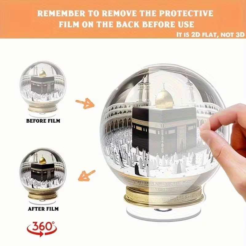 Cross-border 2D Flat Print Rotating Mecca Snow Globe - 360° Full View Acrylic