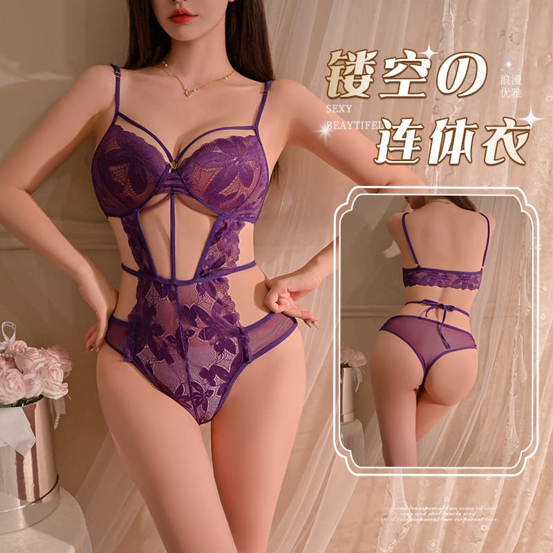 Sexy Hollow Out Slimming Lingerie One-Piece Bodysuit Tempting Tie-Up See-Through Lace Easy-Off Purple Sleepwear Wholesale