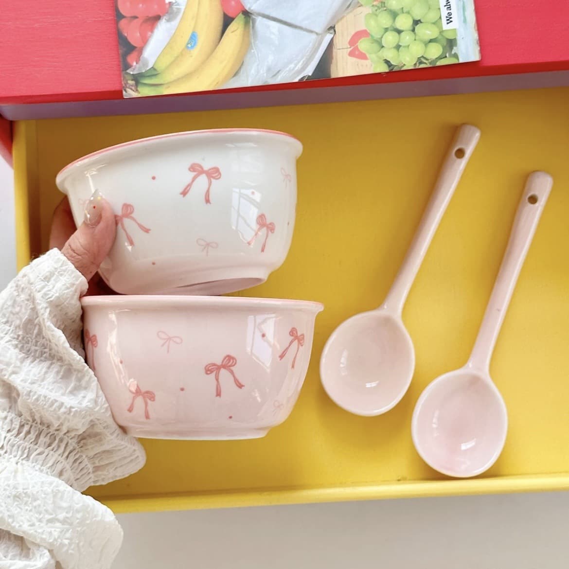 Pink Bow Rice Bowl, Maiden Heart Ceramic High-Temperature Under-Glaze Color, Home Dessert Bowl, Oven and Microwave Safe