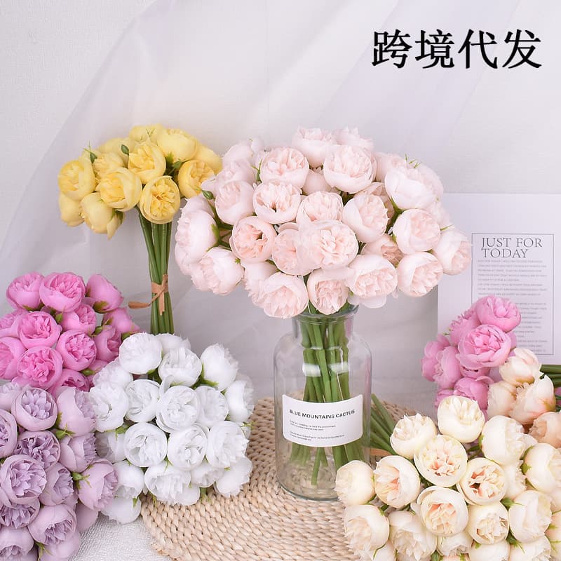 Cross-border Artificial Flowers 27-Head Peony Bundle with Raffia Tie Camellia Rose Ins Style Simulation Flowers Factory New Year Goods