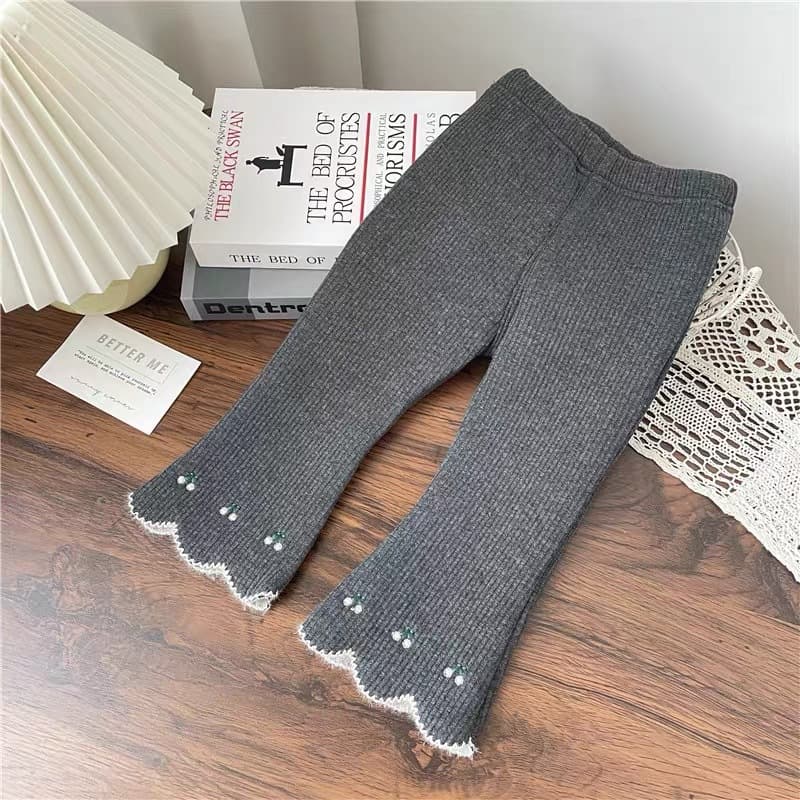 Girls' Bell-Bottom Pants Autumn Style Korean Style Stylish Baby Cherry Embroidery Fleece-Lined Versatile Base Pants Outerwear