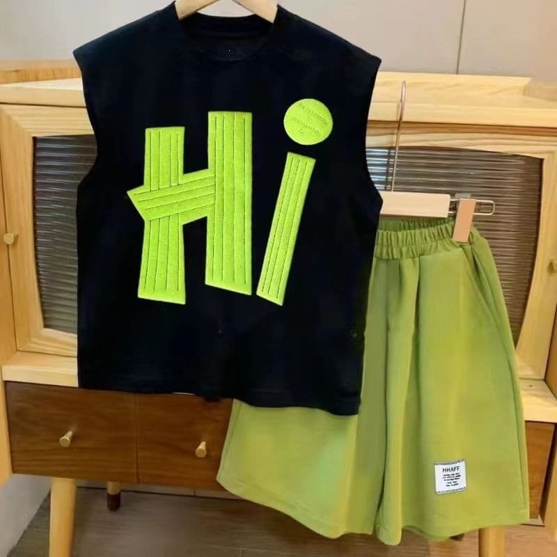 Kids Short Sleeve Set Summer Tank Top Two-Piece Set Fashionable Boys Girls Casual Stylish Korean Style Kids Outfit