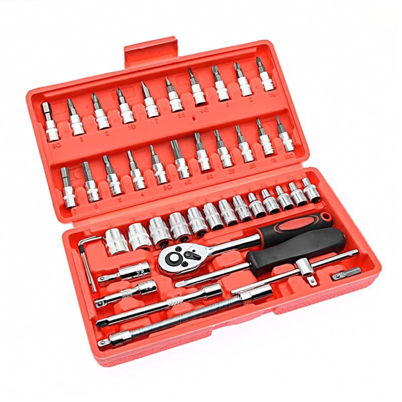 46-Piece Socket Set with 1/4" Ratchet Wrench, Screwdriver Bits, 4-14 Sockets, Slide Bar, Square Extension, Universal Joint