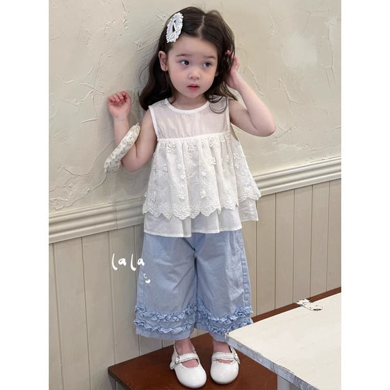 Girls' Summer Two-Piece Set 2026 New Style Baby Girls' Heavy Embroidery Doll Blouse with Kids' Wide-Leg Cropped Pants Set