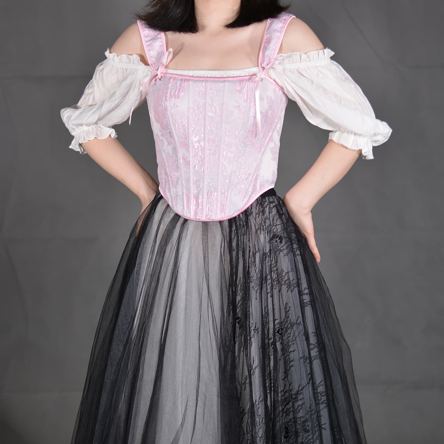 Pink Mist Gold Dark Pattern Fishbone Corset, Girly Bow Tie Waist-Cinching Outerwear and Innerwear Vest