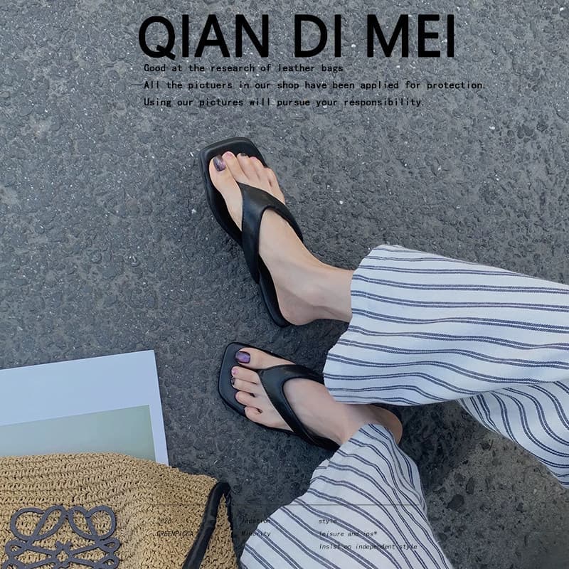 Sheepskin Version~French-Style Square-Toe Thong Flip-Flops for Women, 2026 New Model Sandals, Beach Flat Sandals