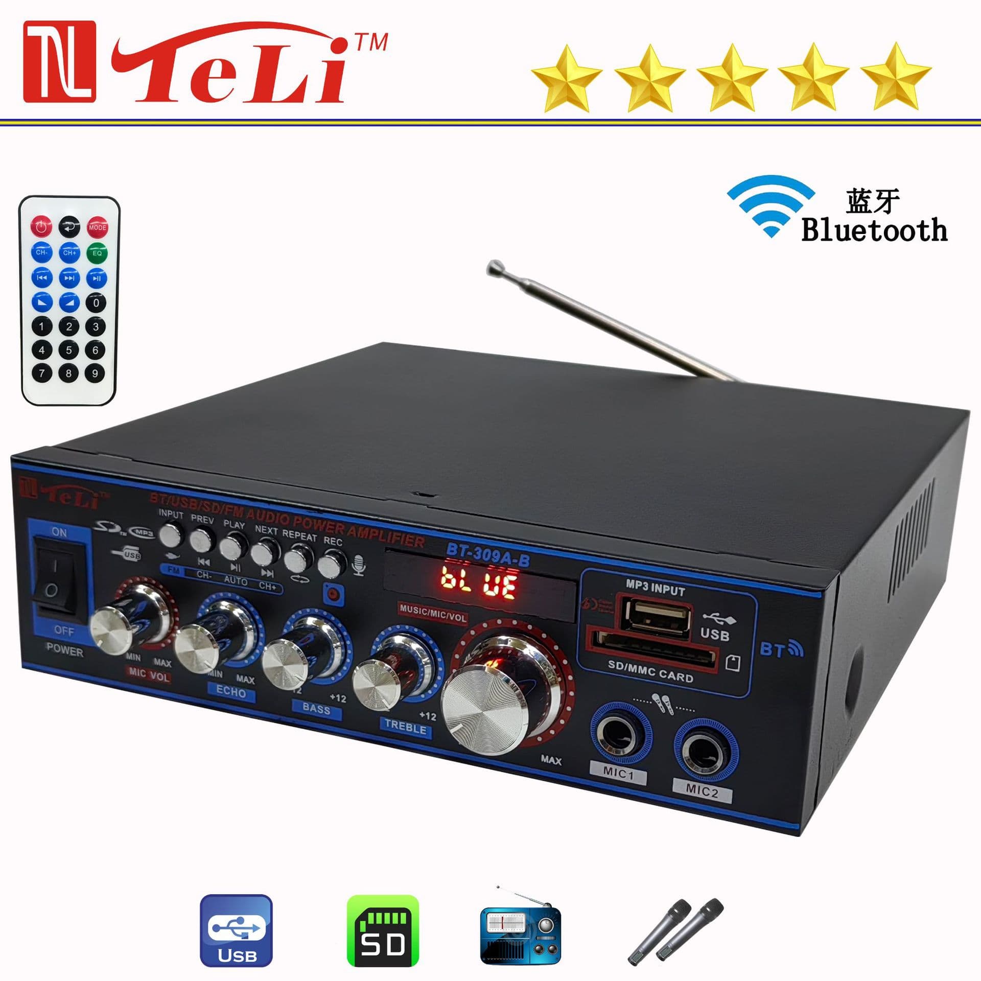Cross-border Trade BT-309A-B Mini Bluetooth USB Radio 12V/220V AC/DC Car and Home Amplifier