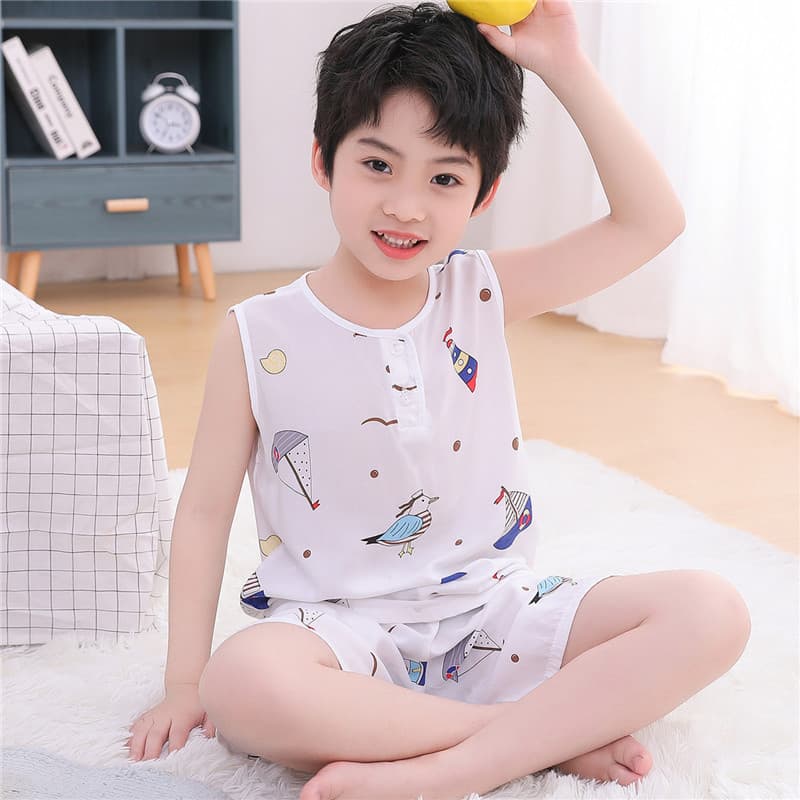 Children's Cotton Silk Pajamas Short Sleeve Shorts Set for Boys and Girls Baby Summer Kids Sleeveless Vest Set