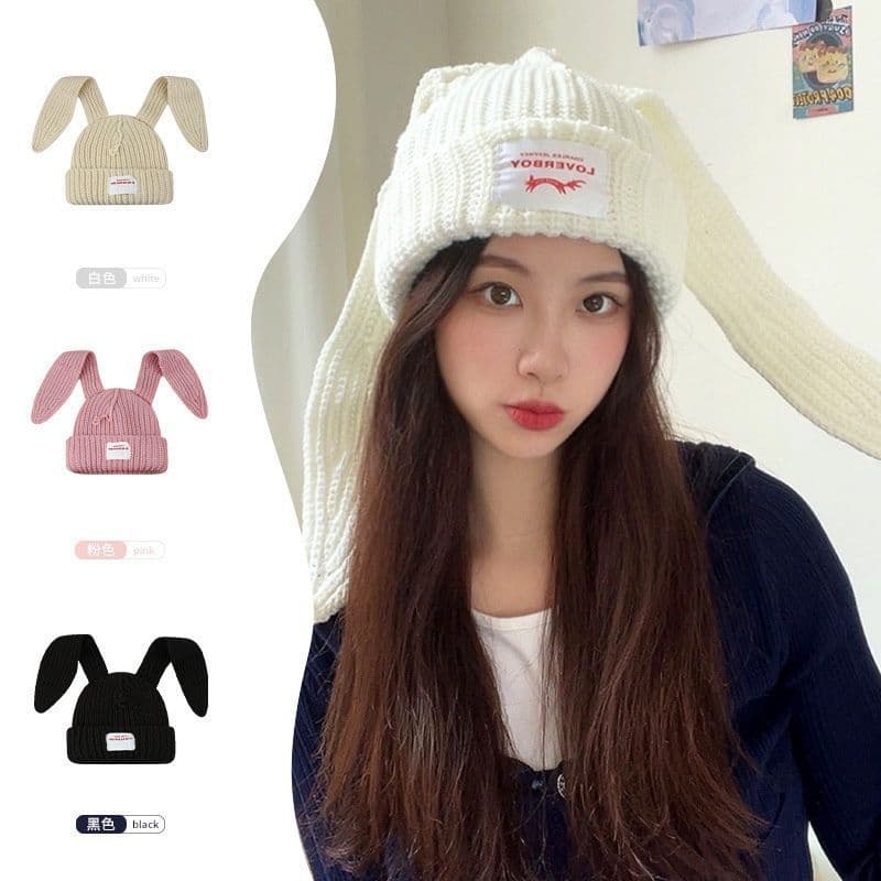 Korean Style Sweet and Cute Long Rabbit Ear Knit Hat for Women, Autumn and Winter Warm Earmuff Letter Patch Knitted Cap, Versatile