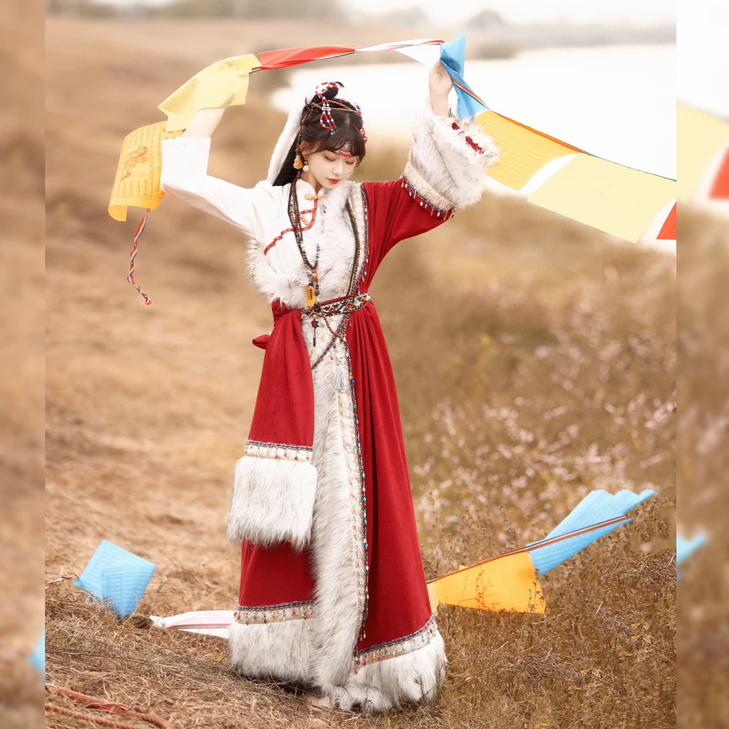 Mucha [Snowy Region] Tibetan Robe Modified Exotic Autumn/Winter Style Ethnic Tibetan Element Fur Collar Men's and Women's Artistic Style