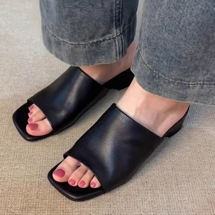 In Stock ~ Vintage Soft Leather Square Toe Mule Sandals for Women, Summer Chunky Heel Open Toe Black High Heel Slides