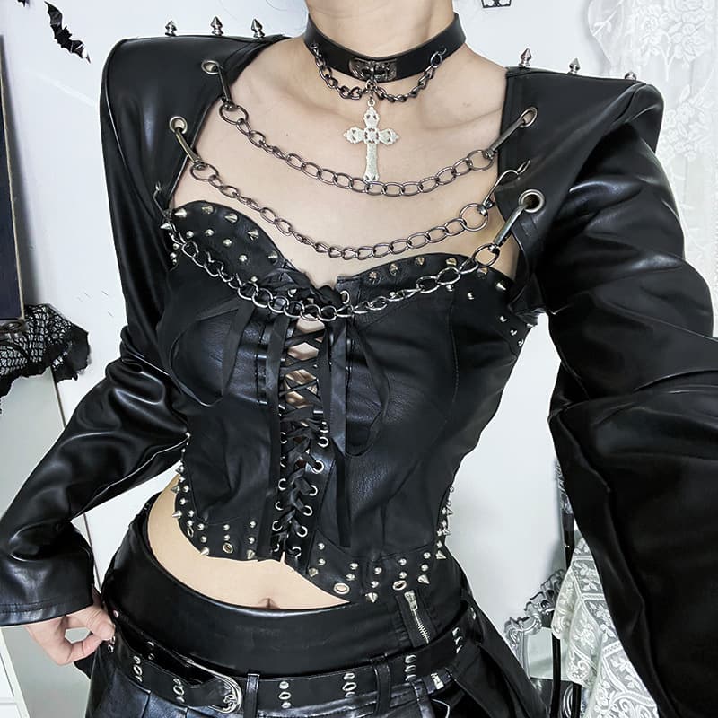 CF25256 Detachable Chain Leather Jacket Halloween New Dark Style Street Punk Leather Jacket