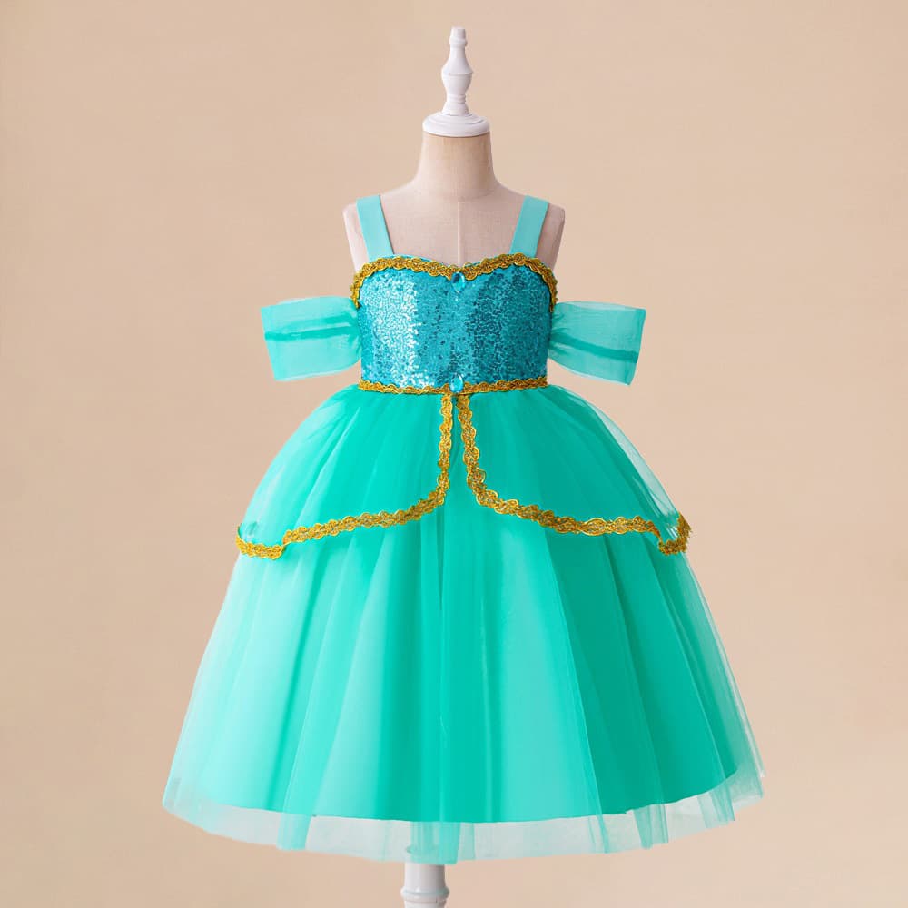 New Jasmine Princess Girls Dress, Sequined Spaghetti Strap Off-Shoulder Gown for Older Girls, Kids Cosplay Performance Costume