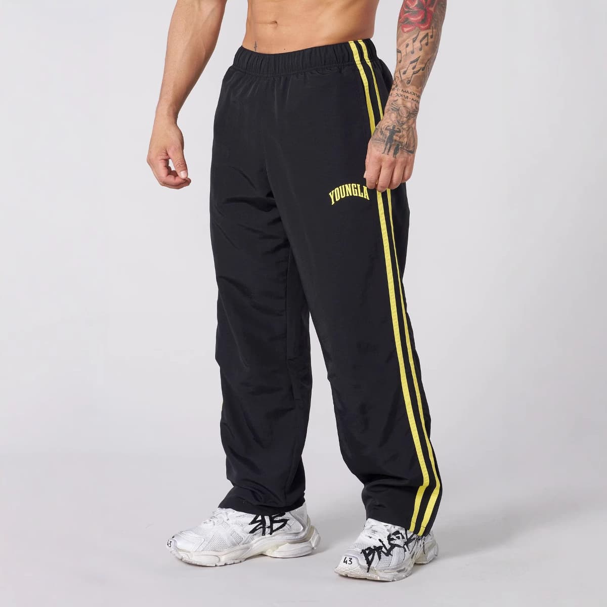 YOUNGLA Pants Double Striped Printed Pants Gym Sports Fitness Mid-Rise Straight Leg Pants Casual Moisture Wicking