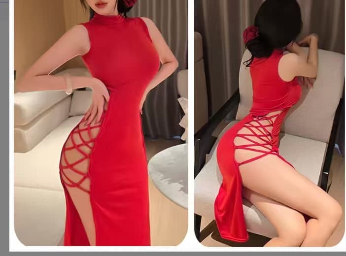 US/EU 2025 Summer New Sexy High Slit Tie Strap Slip Dress for Women Lingerie Cross-border Hollow Out