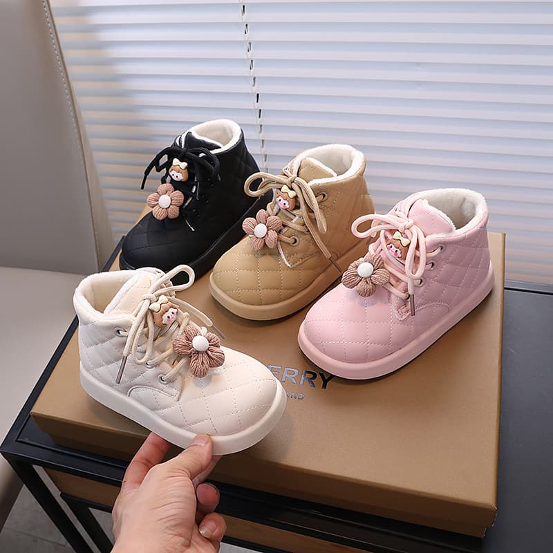 Winter New Style Girls' Fleece-Lined Snow Boots Kids' Warm Martin Boots Boys' Soft Sole Cotton Shoes Toddler Warm Snow Boots