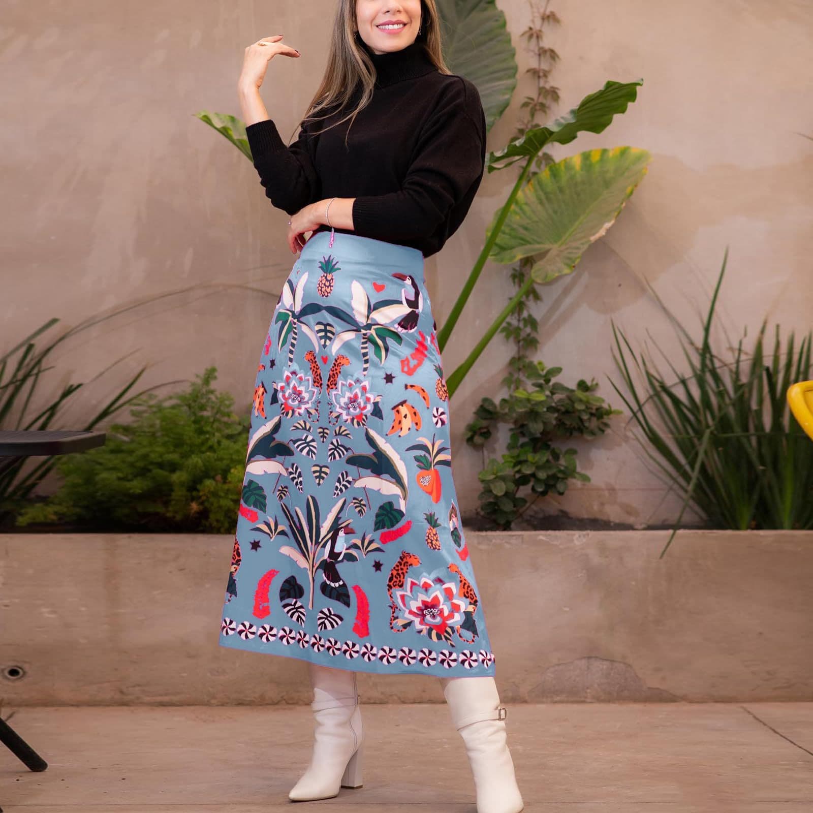Amazon 2025 Spring/Summer Hot Selling European and American Women's Clothing Casual Fashion Tropical Plant Print Retro Skirt