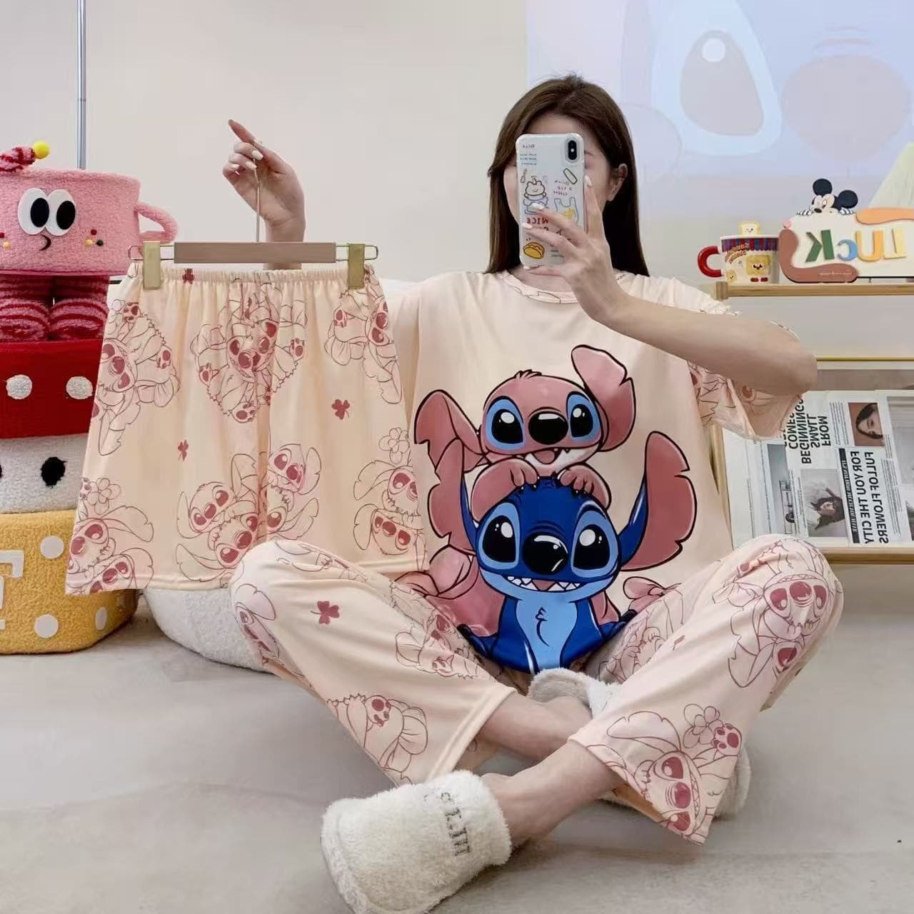 Hot Sale Thailand Pajamas Women Summer Short Sleeve Shorts Long Pants 3-Piece Cartoon Homewear Pajamas