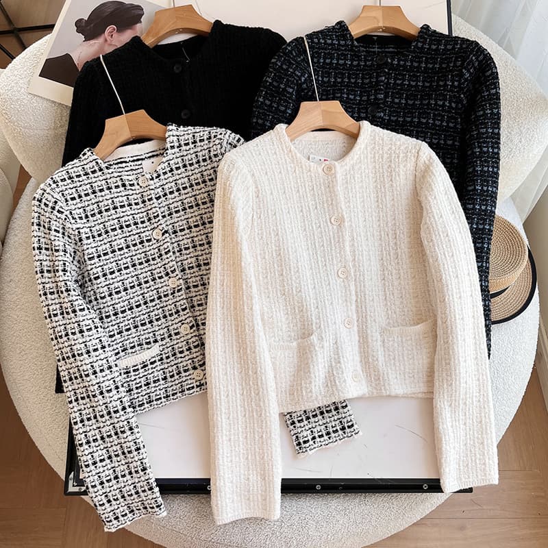 2026-2025 Spring New Knitted Short Jacket, Chanel-style Casual Round Neck Long Sleeve Coat for Women 474981