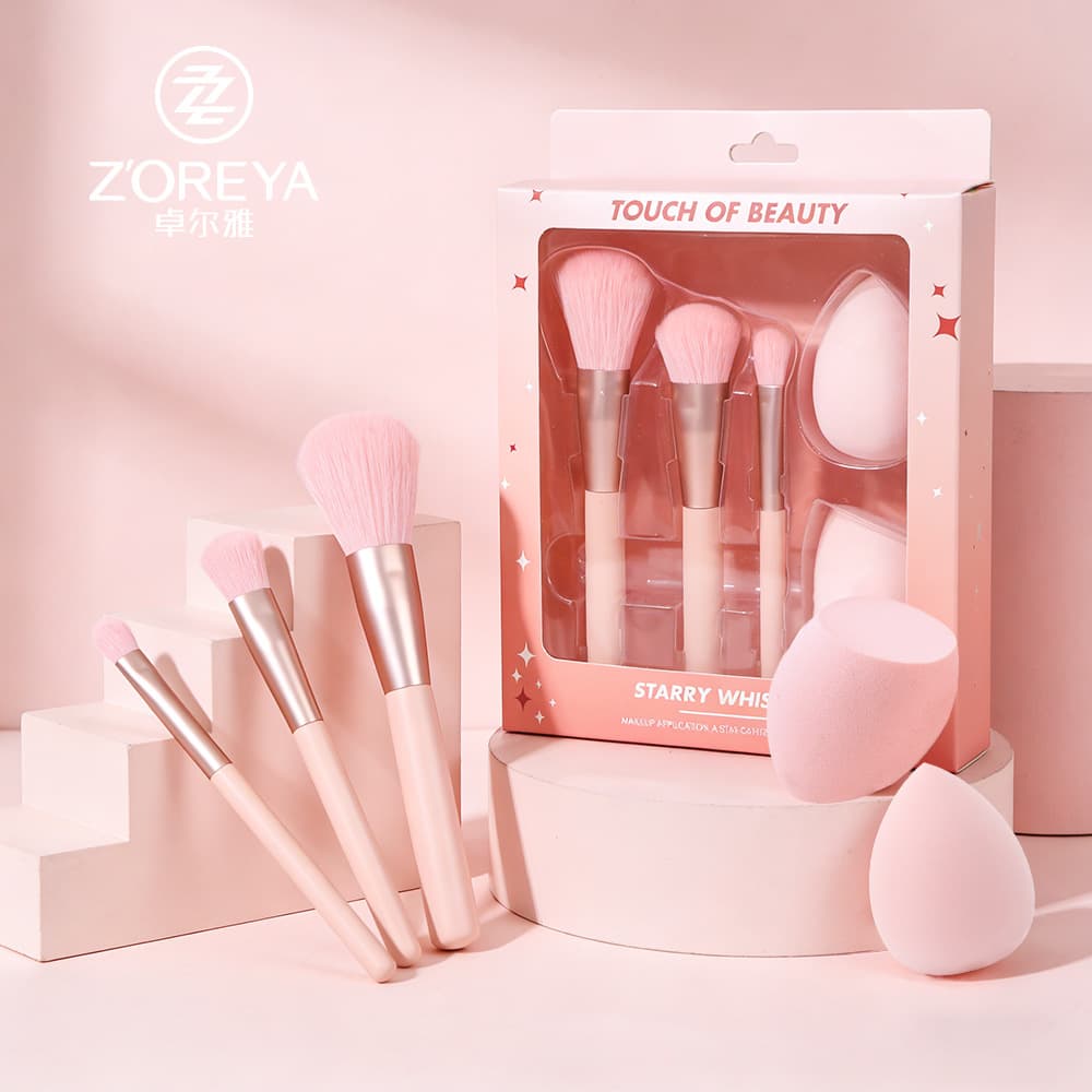 Makeup Brush and Sponge Set: Blush Brush, Eyeshadow Brush, 3 Brushes, 2 Tear-Drop and Slanted Makeup Sponges, Synthetic Bristles