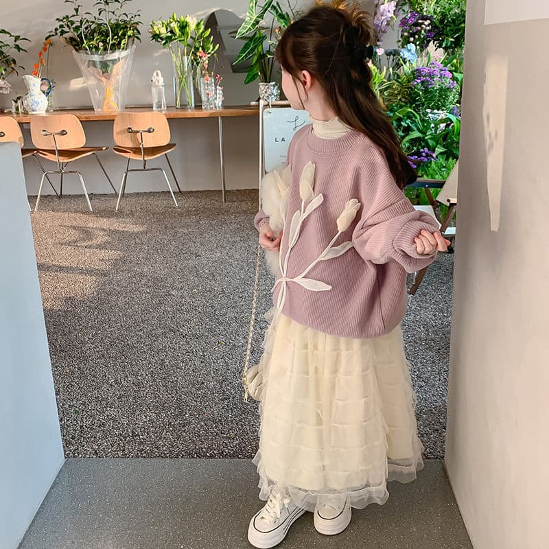 Girls' Autumn/Winter New Style Children's 3D Floral Sweater with Fleece Lining and Korean Style Princess Tulle Skirt Two-Piece Set