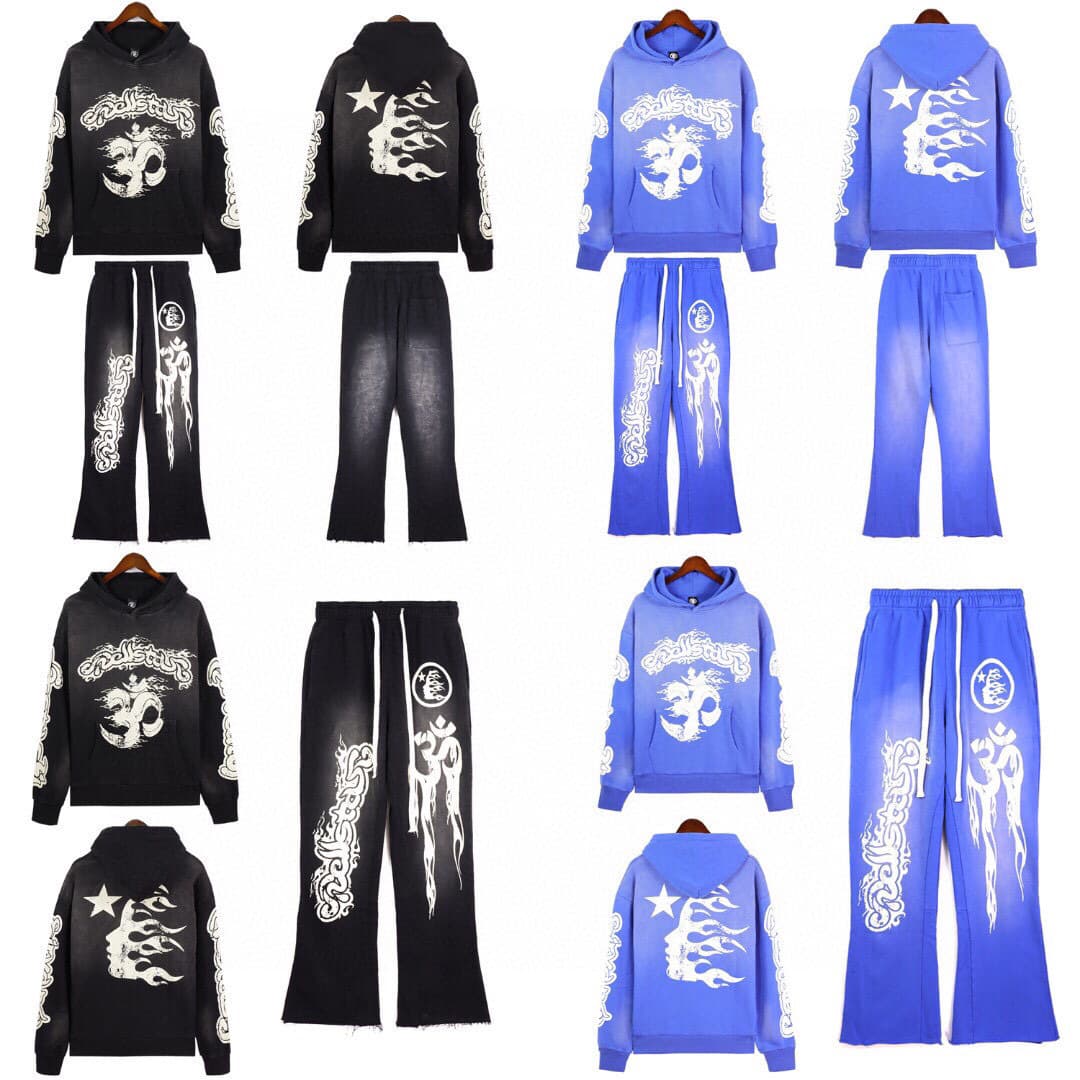 Blue Yoga Hoodie Pants Washed Distressed Print Casual Hoodie Streetwear Sweatshirt Set for Men and Women
