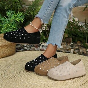 2026 Cross-border Plus Size Simple Rivet Flats 2026 Spring and Autumn New Round Toe Slip-on Casual Shoes for Women