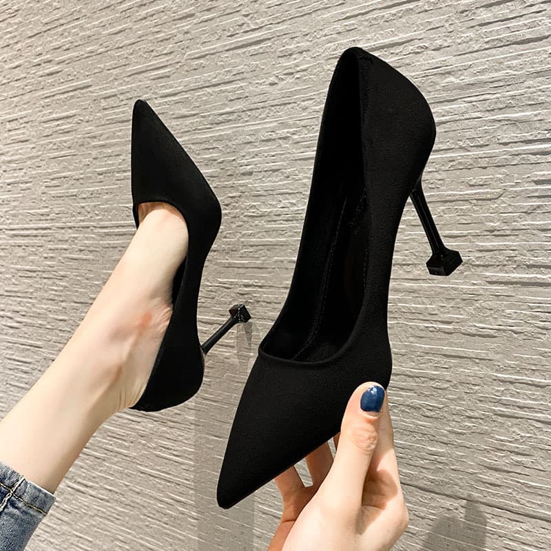 French Pointed Toe High Heels Simple Fashion Low Cut Thin Heel Professional Work Black Women's Shoes Korean Style Uppers