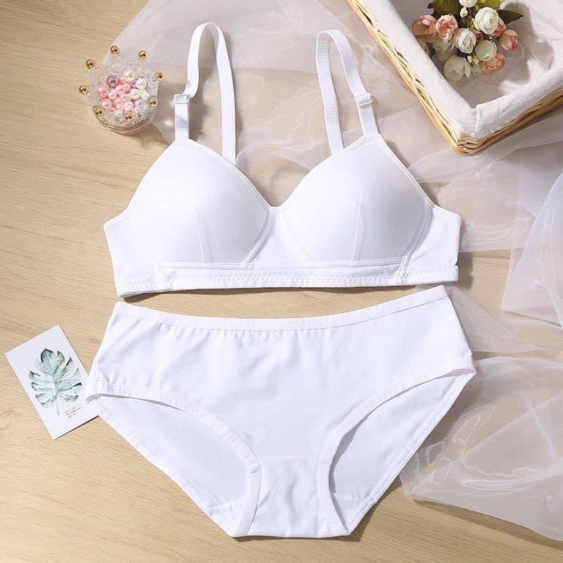 Japanese Style Girls Wire-Free Bra Set, Pure Cotton Thin Padded Push-Up Bra, Student Development Underwear for Women