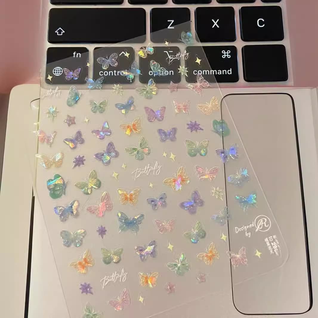 Xiaohongshu popular butterfly wing streamer stickers advanced flat nail art stickers colorful butterfly fairy nail stickers