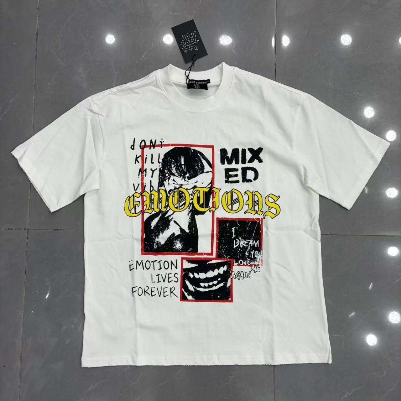 Cross-border American Streetwear MIXED EMOTION Retro Letter Print Distressed Heavyweight Cotton Short Sleeve T-Shirt for Men and Women