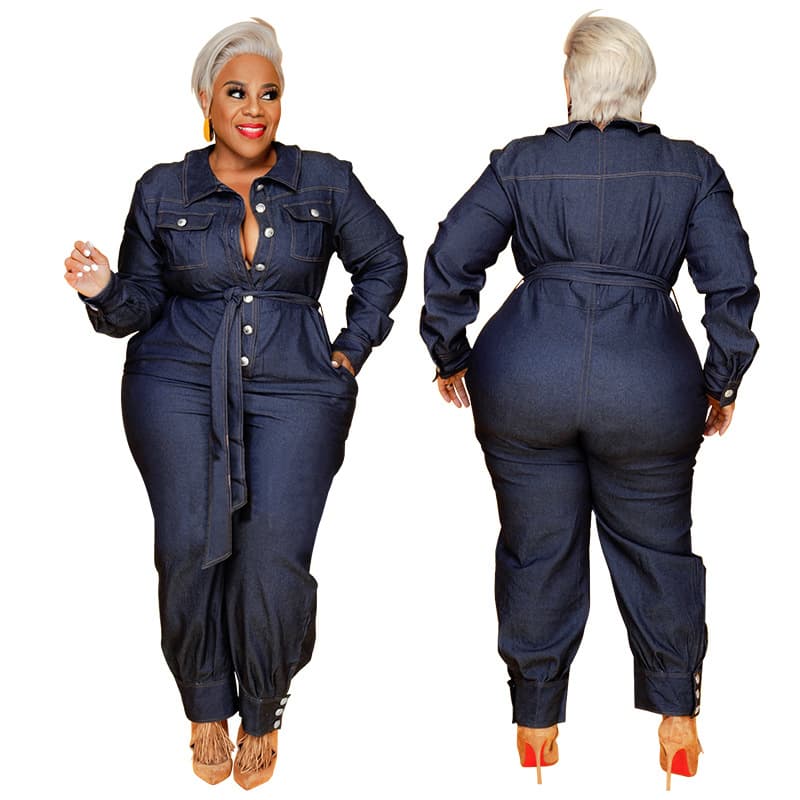 MY683 European and American Cross-border Plus Size Women's Wear Washed Denim Long Jumpsuit 2021 Autumn New Release Amazon New Product