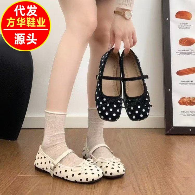 2026 Summer New Style Square-Toe Bowknot Color-Block Polka Dot Niche Lightweight One-Strap Women's Fashion Shoes