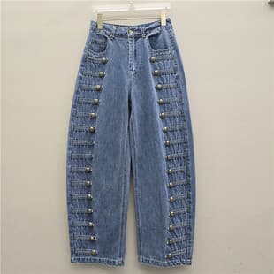 American Heavy-Duty Side-Button Jeans for Women High-Waist Washed Vintage Loose Wide-Leg Decorative Button Denim Pants