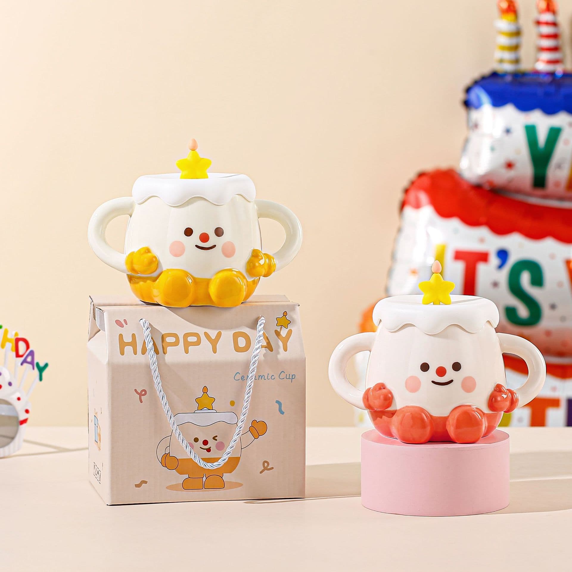 Cute Cake-Shaped Ceramic Mug with Lid, Birthday Gift for Men and Women, Friend Gift, Souvenir Cup